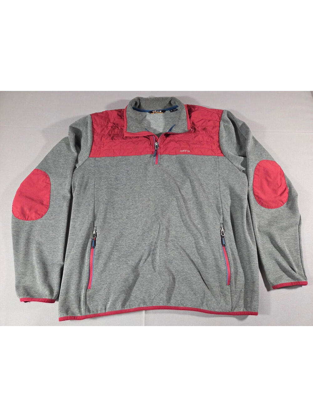 Orvis Jacket Mens XL Gray Full Zip Elbow Patch Stretch Jacket Red Trim